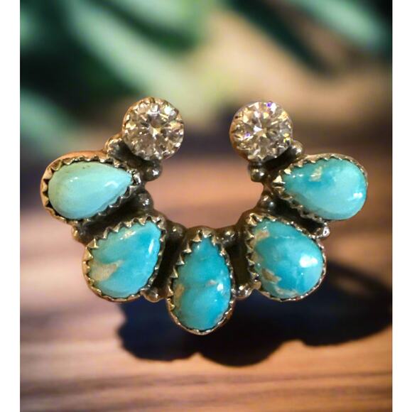 Bluebird Turquoise & Moissanite Diamond Naja Southwestern Ring Adjustable - Picture 2 of 6